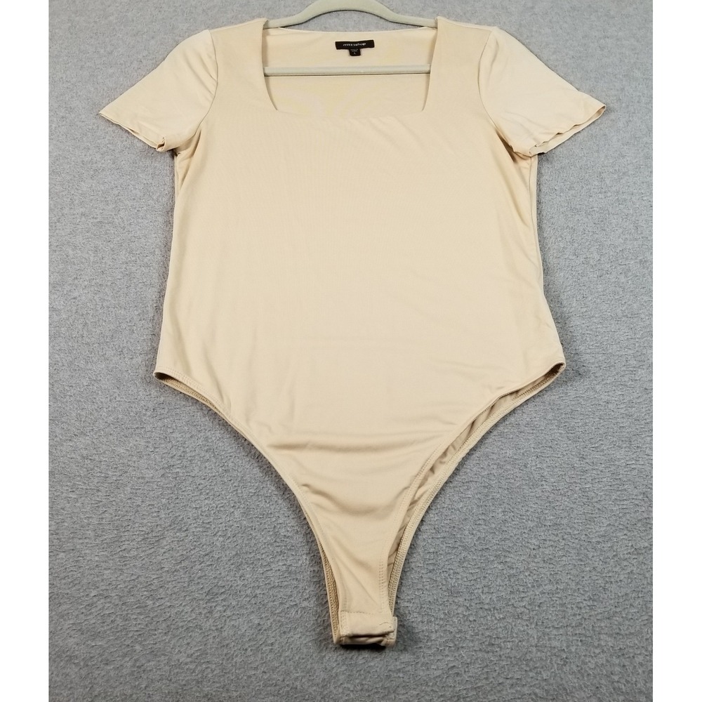 Mittoshop Bodysuit Womens L Large Tan Beige Square Neck Short Sleeve Thong Snap